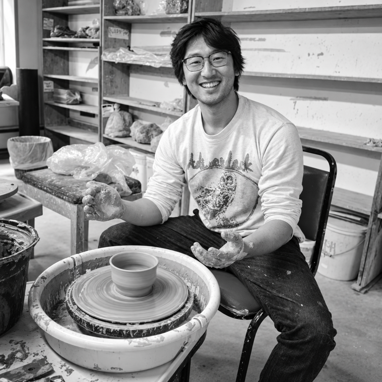Clear black-and-white pottery photo with original printed shirt and glasses