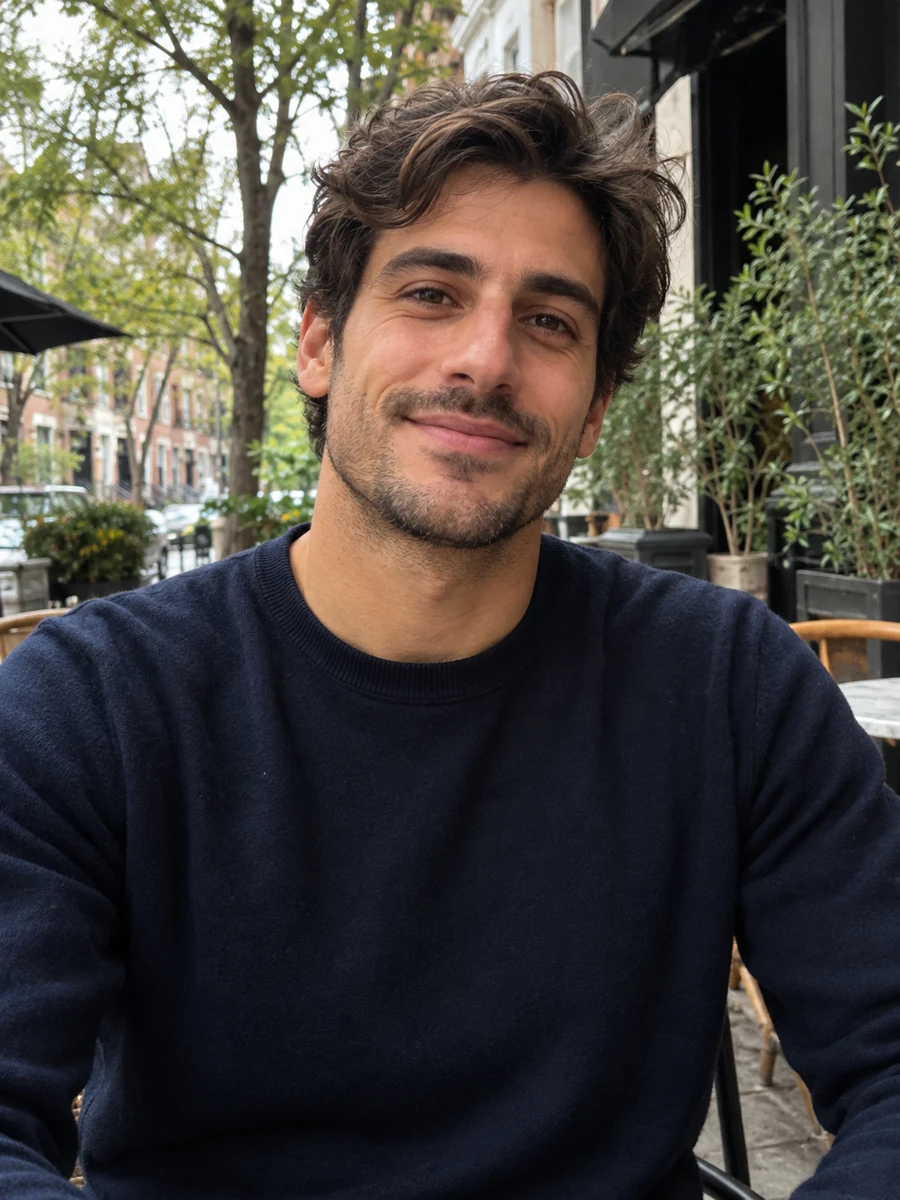 Fictional man smiling at an outdoor cafe